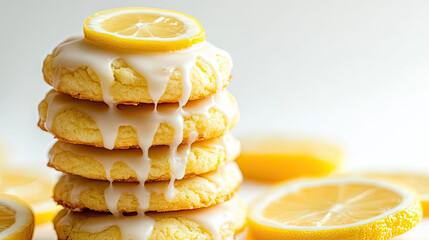 A stack of delightful lemon cookies, drizzled with glaze and topped with a lemon slice AI Generative