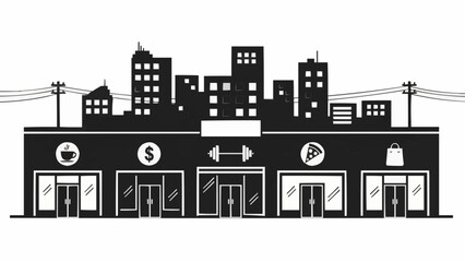 Obraz premium Silhouette of a Commercial Building with Various Shops and Cityscape.