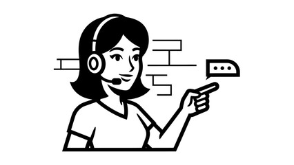 Friendly Woman Customer Service Representative with Headset Pointing on Isolated White Background, Offering Help and Support.