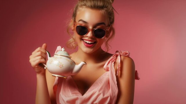 Vintage Style Blonde Woman Holding Teapot