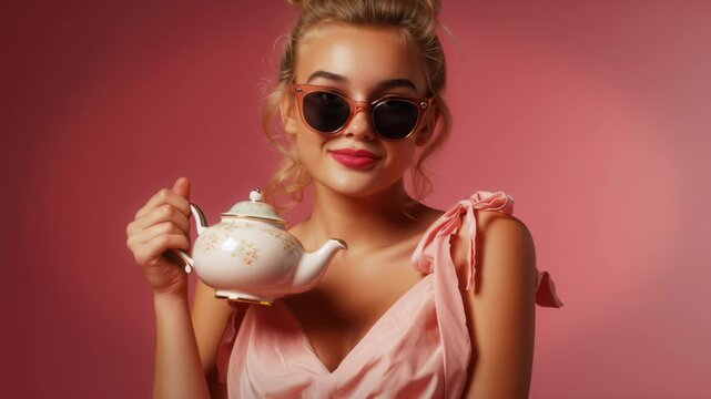 Retro Blonde Woman With Teapot and 60s Sunglasses