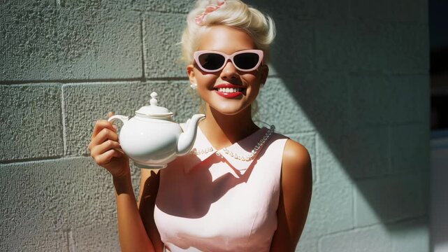 Retro Blonde Woman With Teapot and 60s Sunglasses