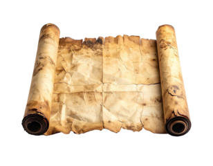 Aged parchment scroll unrolled with stains and texture, black backdrop