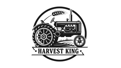 Vintage Tractor Emblem with "Harvest King" Text, Agriculture Logo, Isolated White Background