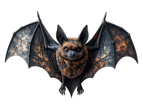 A bat with orange and black fur, wings spread against a dark background