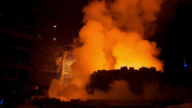 Medium angle of a large submerged arc furnace used for calcium carbide production with visible sparks and heated alloy inside the enclosure.