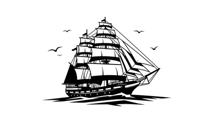 Engraving style large sailing ship with multiple sails at sea with flying birds, historical maritime adventure, isolated white background. © IMRONI