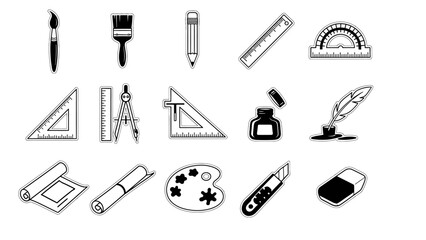 Obraz premium Collection of art and drafting supplies icons, creative tools for drawing, painting and design, isolated white background.