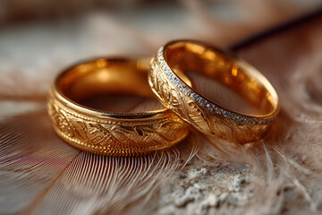 Two Golden Wedding Rings and Feather - light soft background
