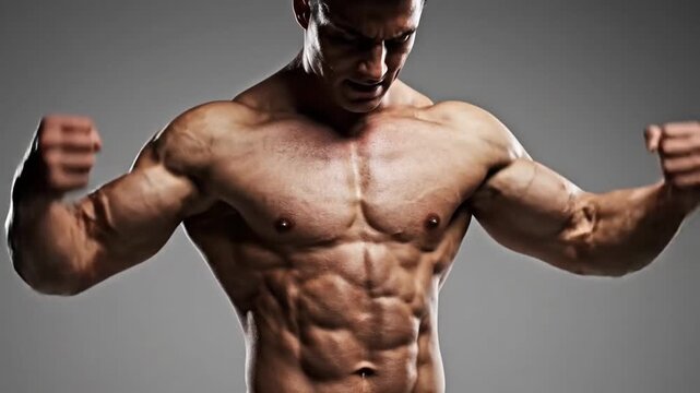 Muscular Bodybuilder Flexing Muscles in Studio Lighting.