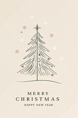 Minimalist Christmas Tree Greeting Card Design with Geometric Lines and Delicate Baubles, Modern Holiday Background Template with Star, Simple Green Festive Illustration