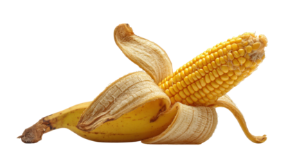 Banana peel revealing an ear of corn creating a surreal unexpected food hybrid concept on transparent background