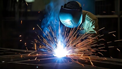 Welder in protective gear sparks brilliant light while joining metal pieces with an intense, glowing arc