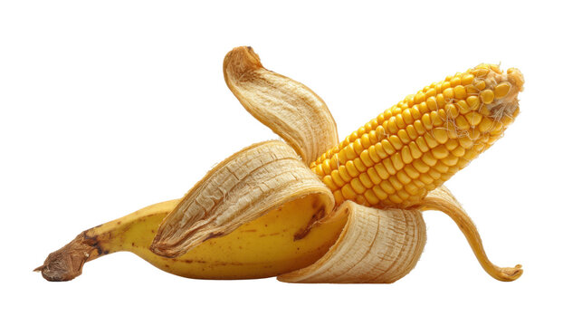 Banana peel revealing an ear of corn creating a surreal unexpected food hybrid concept on transparent background