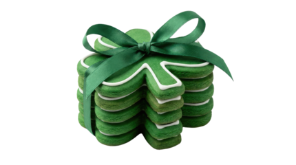 Green gift box with a bow and ribbon, appearing as a present or package, centered in the frame isolated on white