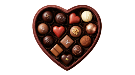 Heart shaped box filled with assorted chocolates including round, square, and heart shapes, brown and studio shot on white and transparent