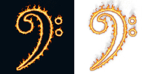 Bass clef icon with fire flame and spark of burning bassline for audio production and electronic dance music event to represent loud low frequency sound in nightclub and concert festival