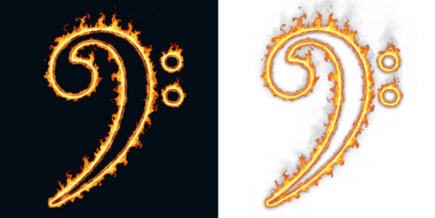 Bass clef icon with fire flame and spark of burning bassline for audio production and electronic dance music event to represent loud low frequency sound in nightclub and concert festival