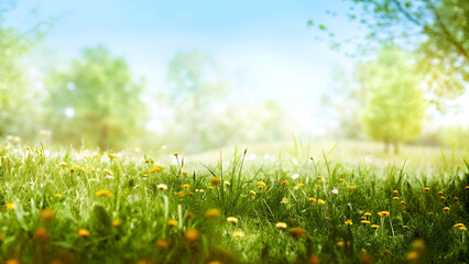 Obraz premium Dreamy Spring Meadow with Yellow Wildflowers and Fresh Green Grass in Soft Morning Sunlight Bokeh