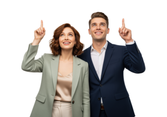 Colleagues pointing upward with index fingers to highlight copy space, businesswoman and businessman signaling an important update for public notices, service offers and interface instructions