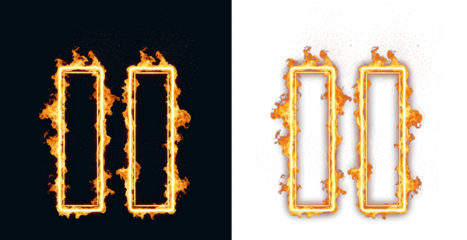 Pause icon in burning fire effect for video player interface is shown as flaming control button and media symbol with heat energy spark to represent emergency stop or hot entertainment content