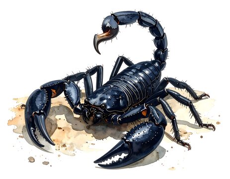 Watercolor scorpion illustration with large pincers standing on light sand, ready to strike with its curved tail