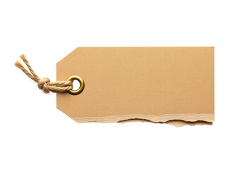 Craft paper tag with a torn bottom edge and rustic hemp rope through a metal grommet isolated on white background serves as a blank template for sustainable packaging or organic product marketing
