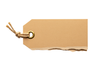 Craft paper tag with a torn bottom edge and rustic hemp rope through a metal grommet isolated on white background serves as a blank template for sustainable packaging or organic product marketing