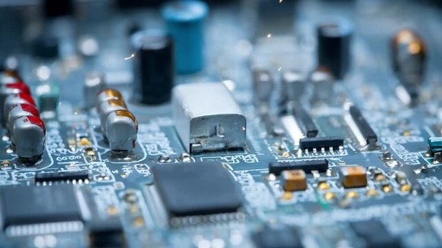 Closeup of electronic circuit board undergoing precision tin plating process to enhance conductivity and protect components from oxidation