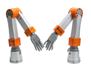 Robot arms, orange accents, form letter M shape