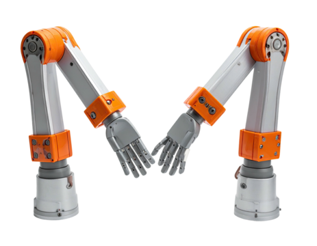 Robot arms, orange accents, form letter M shape - Powered by Adobe