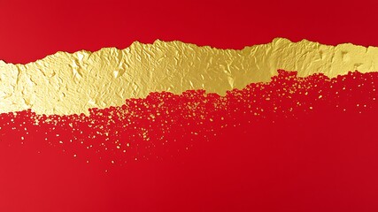 Torn gold leaf on red background with scattered gold flecks texture