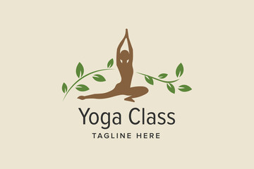 Woman Yoga Pose with Green Leaves Vector logo template