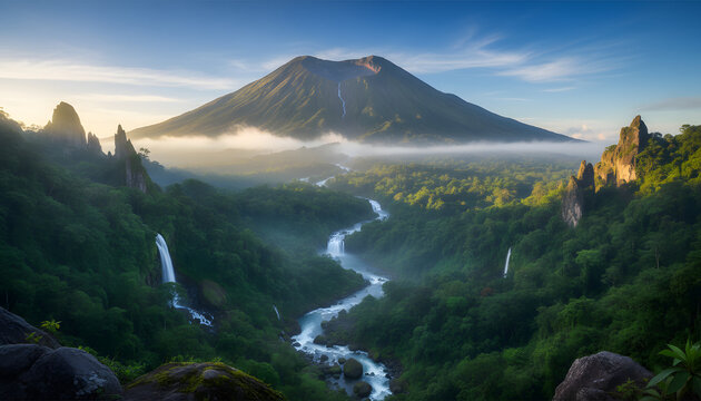 Majestic volcano peak featuring a waterfall and winding river under a misty morning sky.