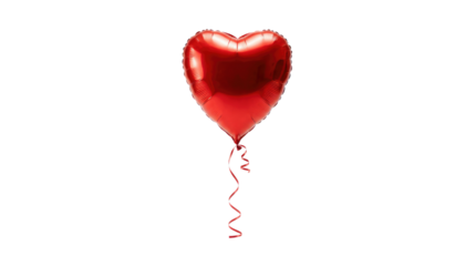 A single red heart shaped balloon with a string trailing below, floating in the air, seen from a distance isolated on white
