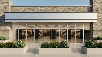 Modern Bookstore Entrance with Glass Facade and Shelves of Books.