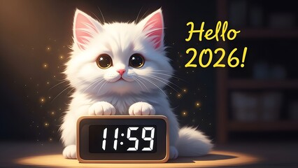 White cat wishes happy new year 2026 with digital clock