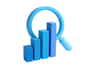 Blue chart bars under magnifying glass, 3D render