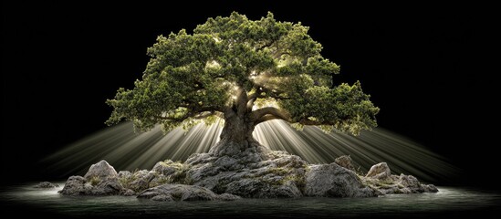 Lit tree atop rocky outcrop, rays burst from canopy
