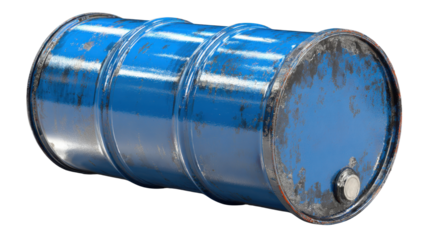 Blue metal barrel lying horizontally, featuring a distressed industrial look with peeling paint and rust on transparent background