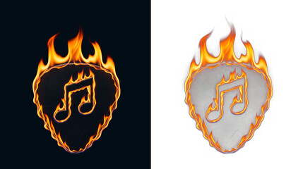 Flaming guitar pick with music note emblem, plectrum on fire for rock concert ticket graphics and playlist cover copy, audio show announcement and band identity for event marketing
