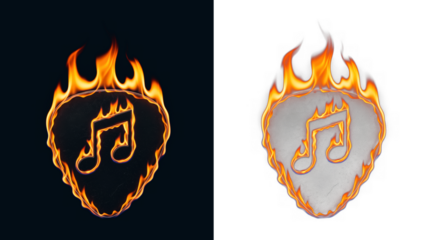 Flaming guitar pick with music note emblem, plectrum on fire for rock concert ticket graphics and playlist cover copy, audio show announcement and band identity for event marketing