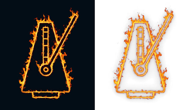 Musical metronome on fire represents rapid tempo and fast rhythm in music production or stressful deadline management during creative projects with burning urgency and pressure for composer
