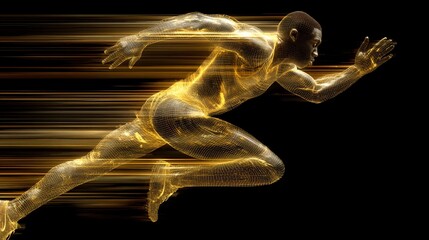 Glowing athlete in motion, streaked with light, against a black backdrop