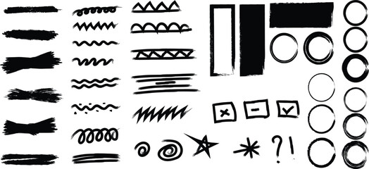 Collection of various black ink strokes and symbols on white background