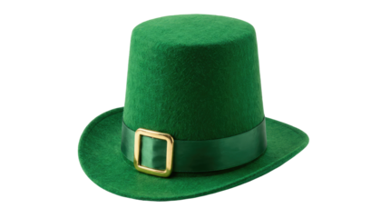 Green leprechaun hat with a gold buckle on the band, festive st patricks day accessory, on a white background product shot isolated