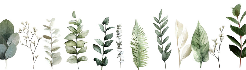 Fototapeta premium Delicate botanical illustrations of various leaves are arranged along the bottom of a transparent background. Each leaf displays unique shapes and shades for design inspiration and decoration