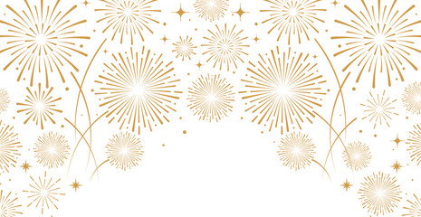 Elegant gold fireworks burst and sparkling stars on clean white background, festive celebration illustration for New Year, holiday party, greeting card, luxury event design, minimalist style vector. © bibin
