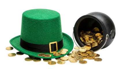 Green leprechaun hat with gold buckle and a pot overflowing with gold coins are visible in the image white background cutout