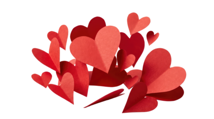 A collection of red and pink paper hearts scattered on a white surface in a random arrangement, some overlapping each product shot isolated